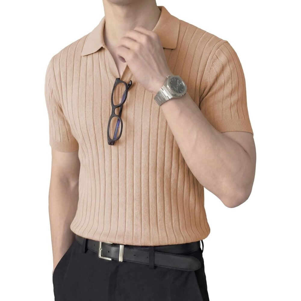 Men's Light Khaki Short Sleeve Knit Shirts Ribbed Texture Johnny Collar Sweater